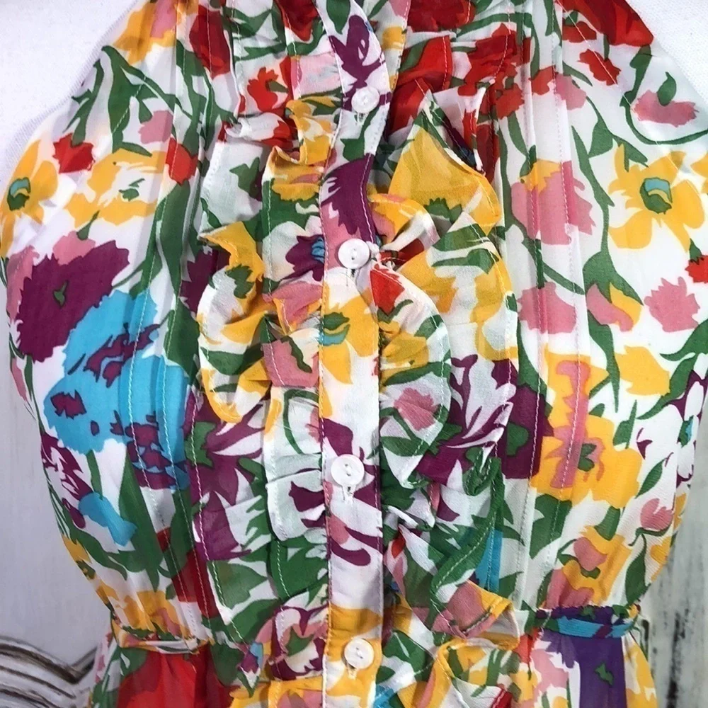 Twentyone Multi Colored Ruffle Front Button Down Cut in Sleeveless Dress S/S - Picture 4 of 10